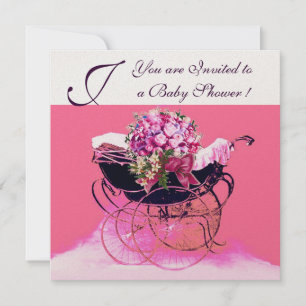 INVITACIÓN VINTAGE PRAM CON FLORES BABY SHOWER MONOGRAM
