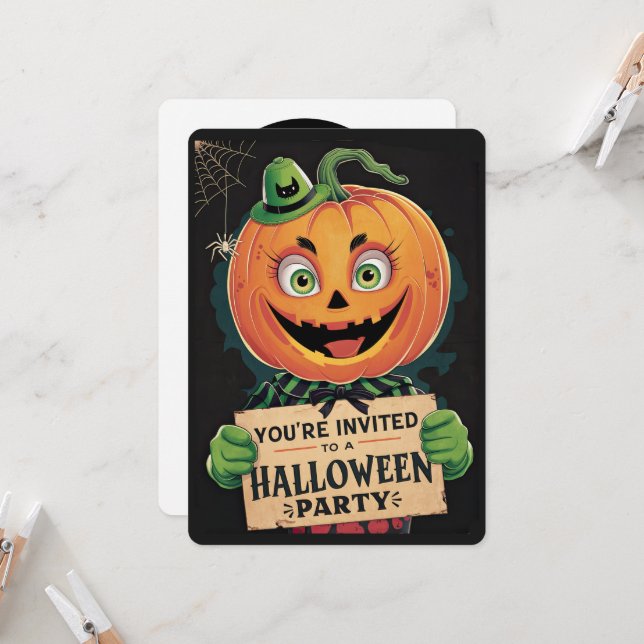 Invitación Vintage Pumkin Head Halloween Party (Anverso/Reverso In Situ)