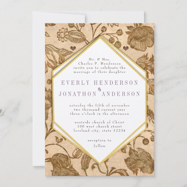 Invitación Vintage Purple Accents Love Bird Pattern Boda (Anverso)