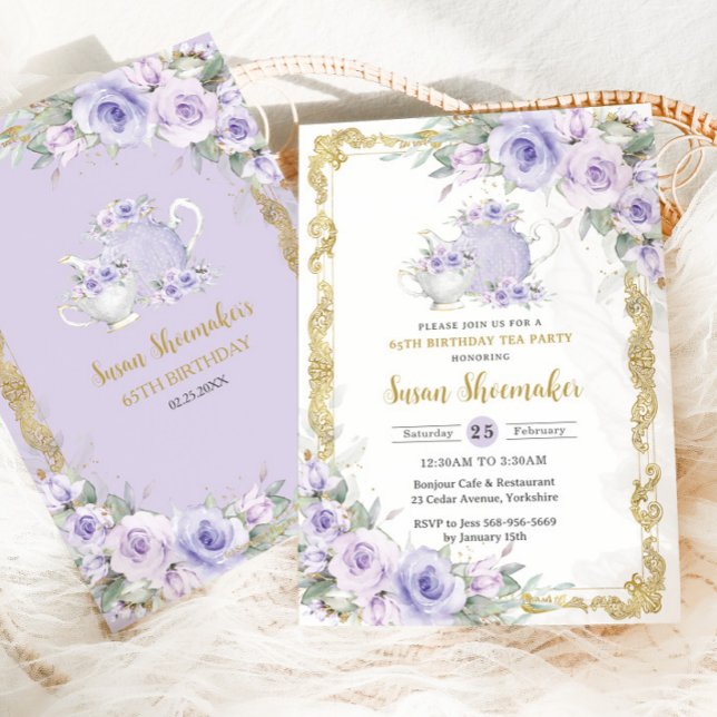 Invitación Vintage Purple Floral High Tea Fiesta Cumpleaños (Subido por el creador)