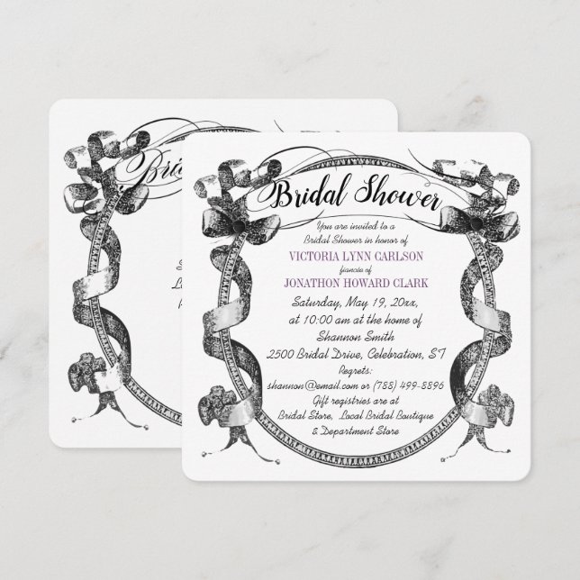 Invitación Vintage Purple Flourist Script Bridal Shower (Anverso / Reverso)