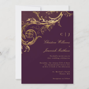 Invitación Vintage Purple Gold Floral Damask Wedding