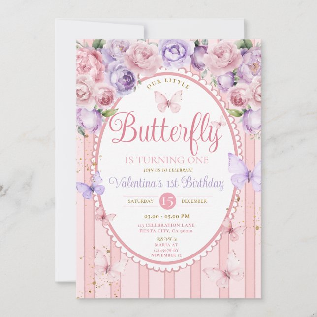 Invitación Vintage Purple Pink Our Little Butterfly Birday (Anverso)