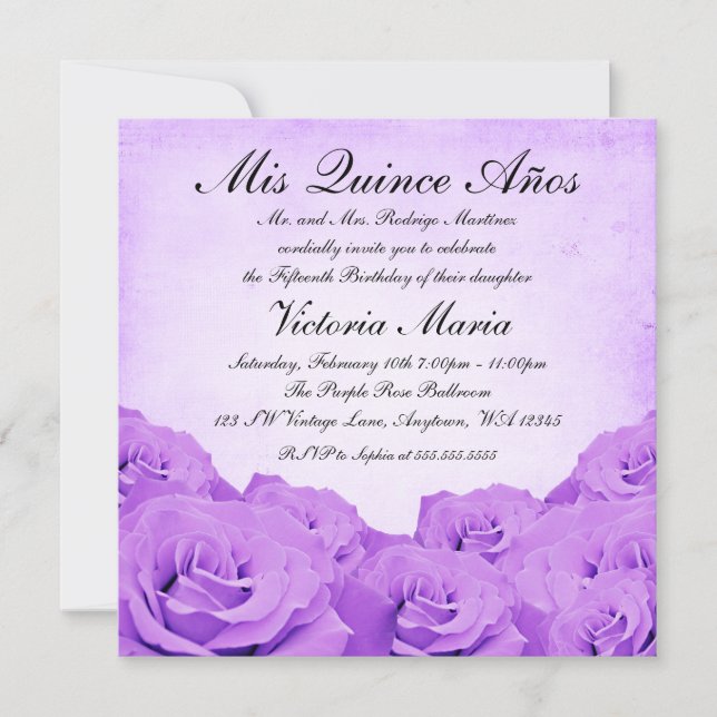 Invitación Vintage Purple Rosa Quinceanera Cumpleaños (Anverso)