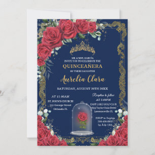 Invitación Vintage Quinceañera Encantada Marina Rosa Roja Azu