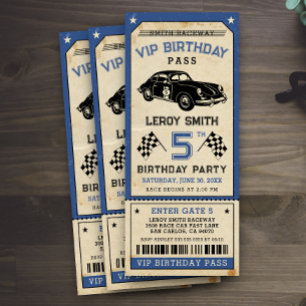 Invitación Vintage Race Car Blue Ticket Pass fiesta de cumple