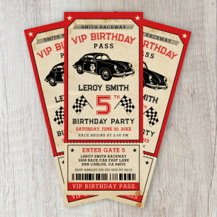 Invitación Vintage Race Car Ticket Pass Boy Birday Party