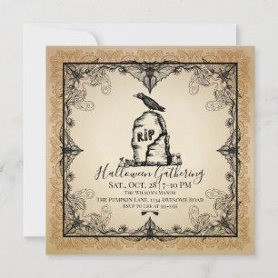Invitación Vintage Raven Gravestone Halloween Party