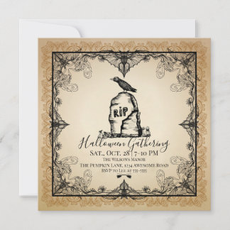 Invitación Vintage Raven Gravestone Halloween Party