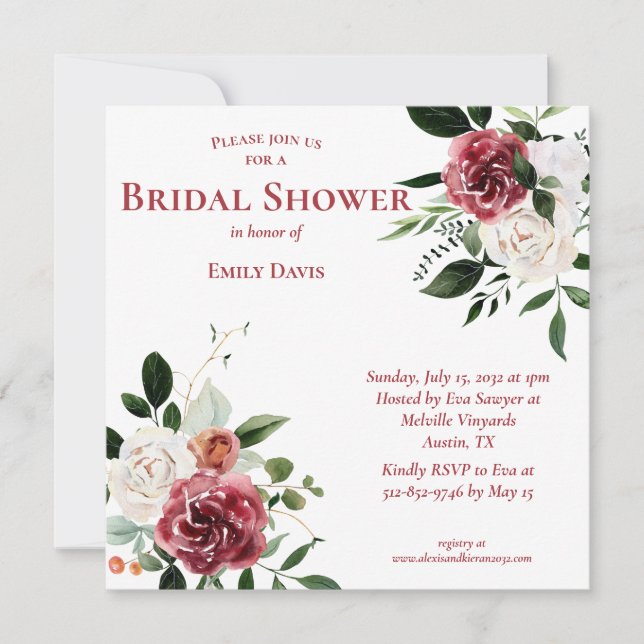 Invitación Vintage Red Burgundy White Roses Bridal Shower (Anverso)