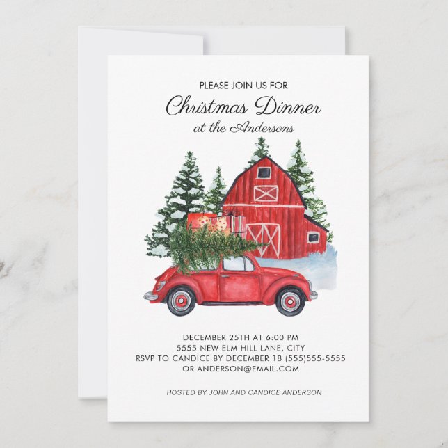 Invitación Vintage Red Car Barn Christmas Tree Dinner (Anverso)