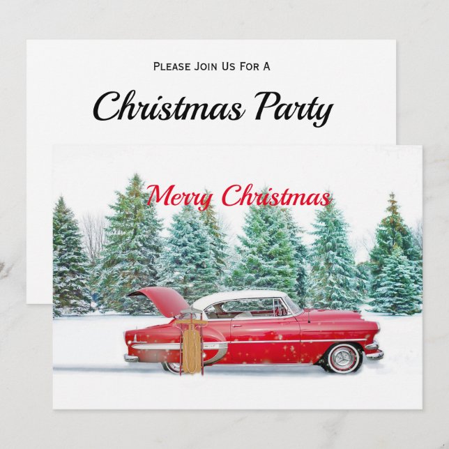 Invitación Vintage Red Car Sled Navidades (Anverso / Reverso)