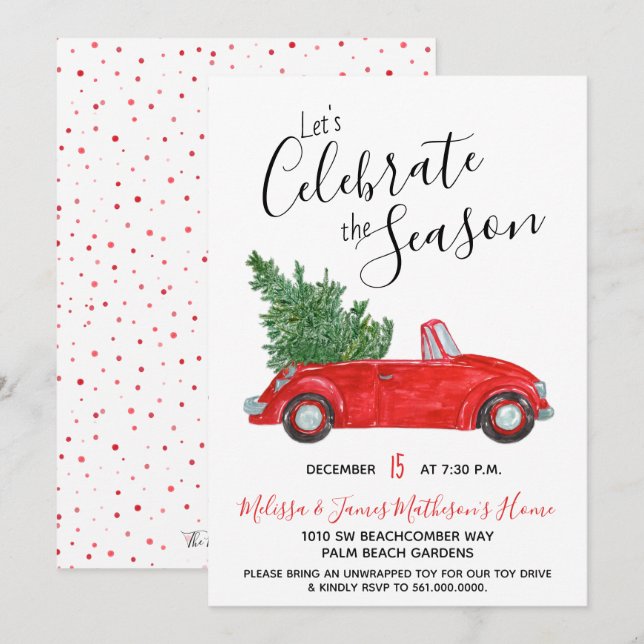 Invitación Vintage Red Convertible Car Holiday (Anverso / Reverso)