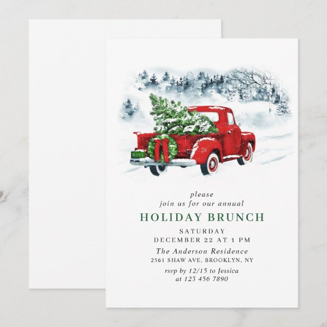 Invitación Vintage Red Farm Truck Navidades HOLIDAY BRUNCH (Anverso / Reverso)