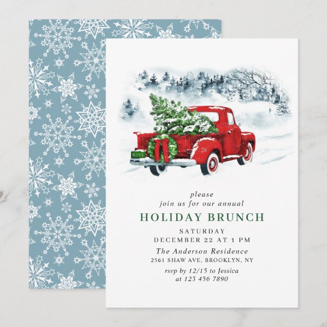 Invitación Vintage Red Farm Truck Navidades HOLIDAY BRUNCH (Anverso / Reverso)
