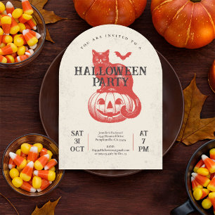 Invitación Vintage Red Pumpkin y Cat Halloween Party
