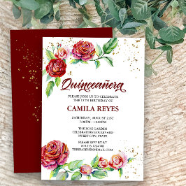 Invitación Vintage Red Roses Gold Confetti Floral Quinceanera