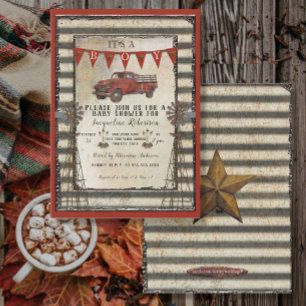 Invitación Vintage Red Truck Rustic Farmhouse Boy Baby Shower