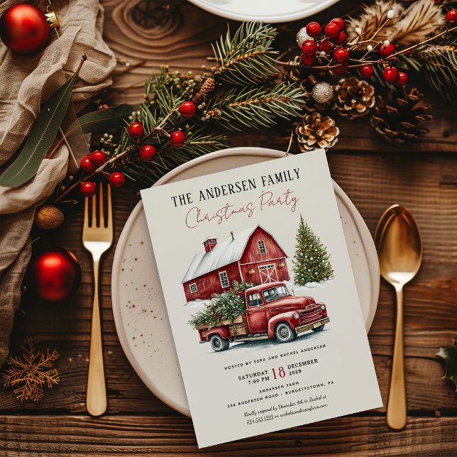 Invitación Vintage Red Truck Rustic Navidades Fiesta (Vintage Red Truck Rustic Family Christmas Party Invitation )