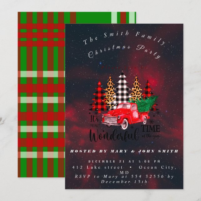 Invitación Vintage Red Truck Rustic Navidades Fiesta (Anverso / Reverso)