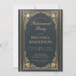 Invitación Vintage Retirement Fiesta Blue Gold Elegant Script