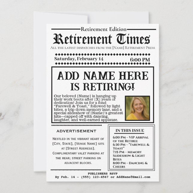 Invitación Vintage “Retirement Times” Newspaper Invitation (Anverso)