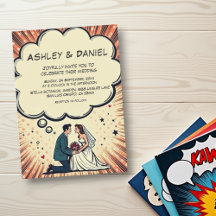 Vintage Retro Bride y Groom Pop Art Comic Boda