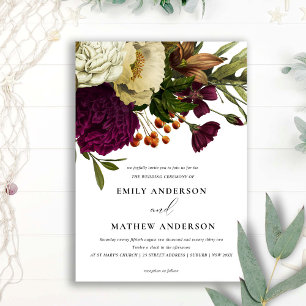 INVITACIÓN VINTAGE RETRO BURGUNDY BODA DE BUNCH FLORAL AMARIL