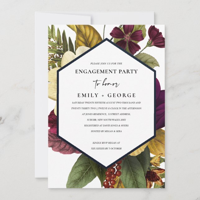 INVITACIÓN VINTAGE RETRO BURGUNDY OCHRE FLORAL ENGAGAGEMENT (Anverso)