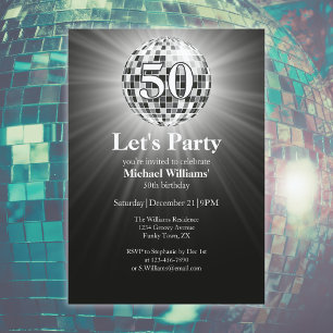 Invitación Vintage Retro Disco Ball Black White 50 cumpleaños