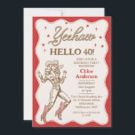 Invitación Vintage Retro Red Cheetah Cowgirl 40 cumpleaños<br><div class="desc">Vintage Retro Red Yeehaw Cowgirl 40th Birthday Invitation cowgirl rojo y marrón o de temática occidental 40th cumpleaños invitación con una línea cowgirl imagen, texto de estilo de cuerda, estrellas y borde de vieiras. Esta hola invitación de cumpleaños de 40 cowgirl es ideal para un cumpleaños occidental de 40 años...</div>