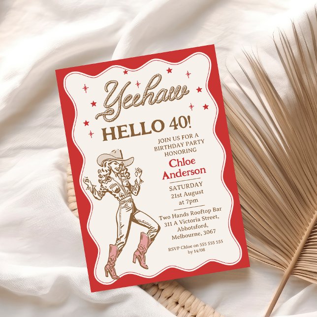 Invitación Vintage Retro Red Yeehaw Cowgirl 40 cumpleaños (Subido por el creador)