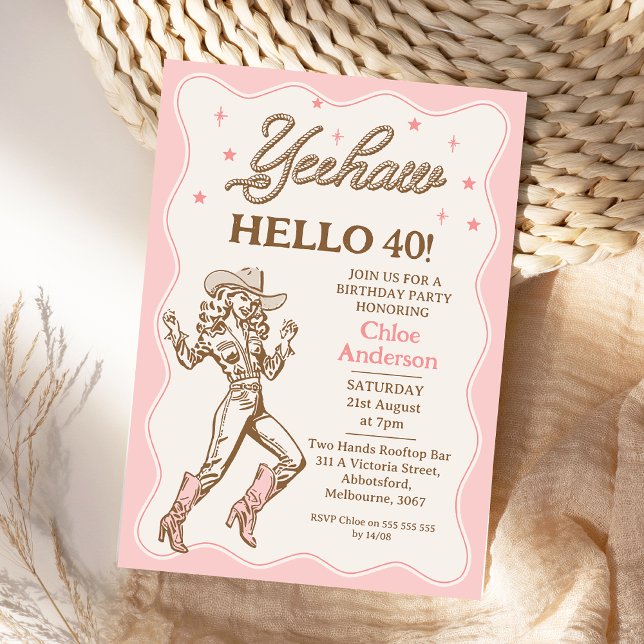 Invitación Vintage Retro Rosa Yeehaw Cowgirl 40º cumpleaños (Cowgirl 40th Birthday Invitation, Yeehaw Hello 40 Birthday Invitation, Country Western Party, )