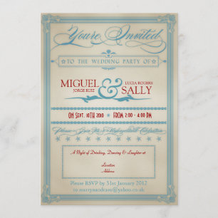 Invitación Vintage rojo blanco y azul Boda sólo por la noche
