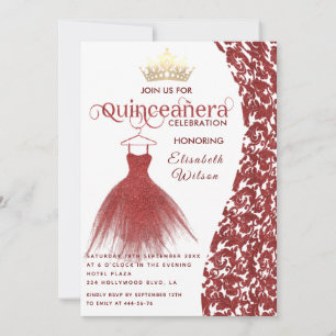 Invitación Vintage rojo damasco oro tiara Quinceañera I