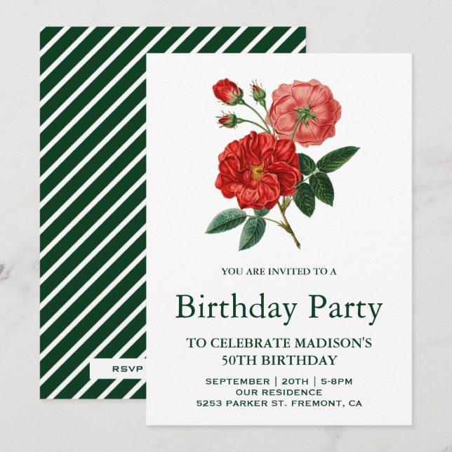 Invitación Vintage Romantic Red Roses Birday Party (Anverso / Reverso)