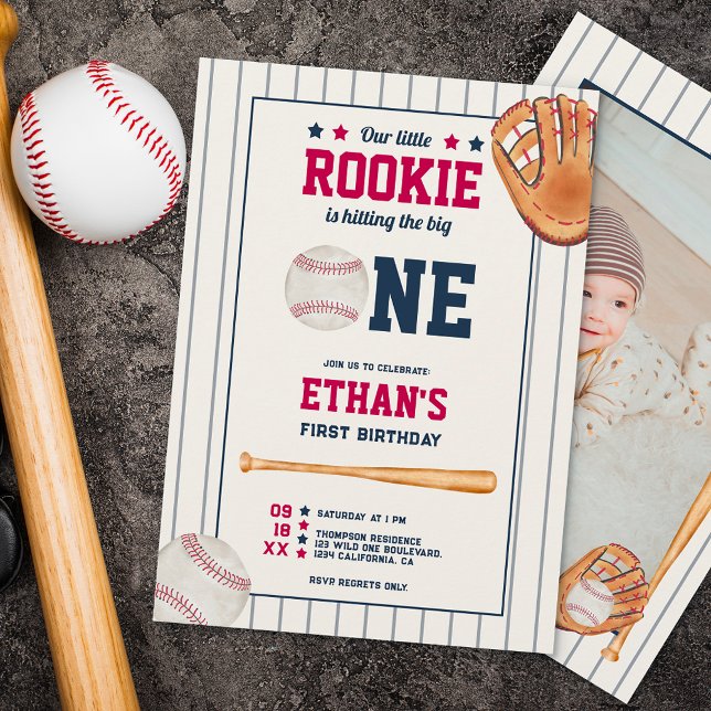 Invitación Vintage rookie béisbol rojo azul primer cumpleaños (Subido por el creador)