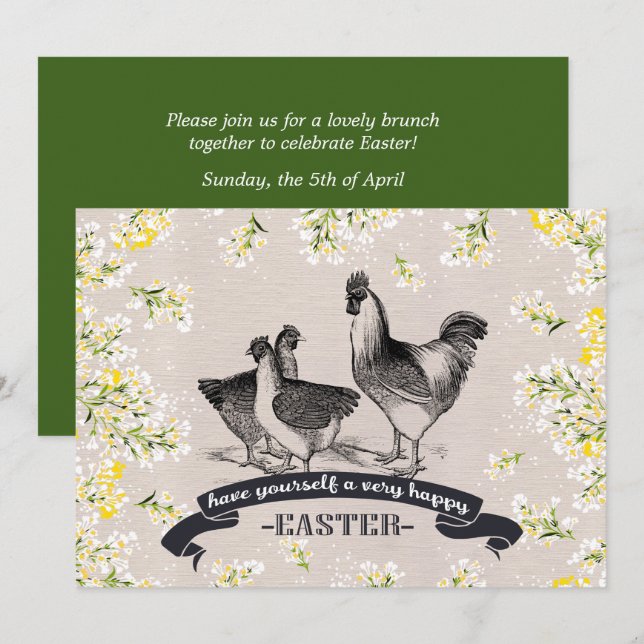 Invitación Vintage Rooster & Hens Easter Brunch (Anverso / Reverso)