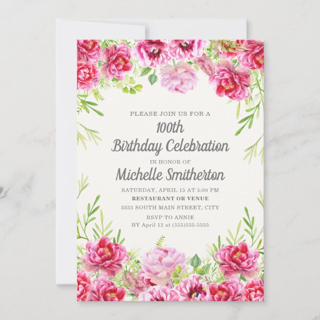 Invitación Vintage rosa Floral Greenery 100 cumpleaños (Anverso)