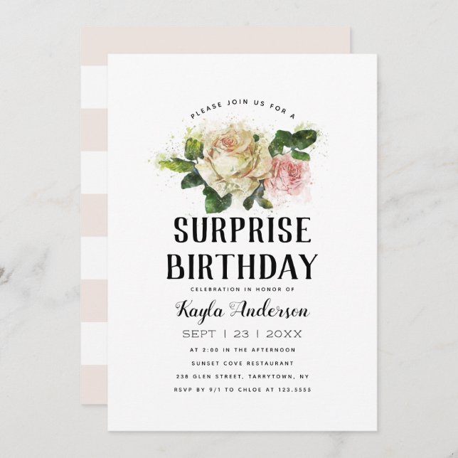 Invitación Vintage Rosa Garden Surprise Birday Party (Anverso / Reverso)