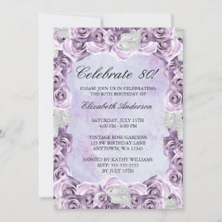 Invitación Vintage Rosas morados y plumas 80 cumpleaños