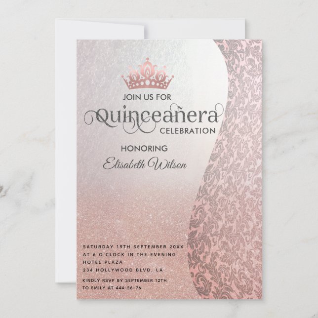 Invitación Vintage rosegold lujoso damasco tiara Quinceañera (Anverso)