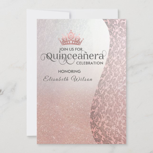 Invitación Vintage rosegold lujoso damasco tiara Quinceañera (Anverso)
