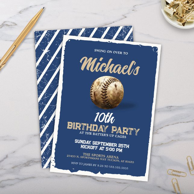Invitación Vintage Royal Blue Baseball Partido de Cumpleaños (Vintage royal blue baseball theme party invitation for boy baseball birthday party invites)