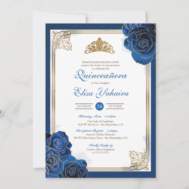 Invitación Vintage Royal Blue Gold Roses Royal Quinceanera (Anverso)