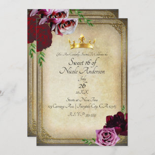 Invitación Vintage Royal Crown Dark Floral Sweet 16 Fiesta