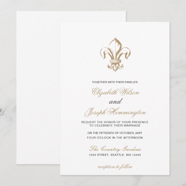 Invitación Vintage Royal Gold Fleur de Lis Boda (Anverso / Reverso)