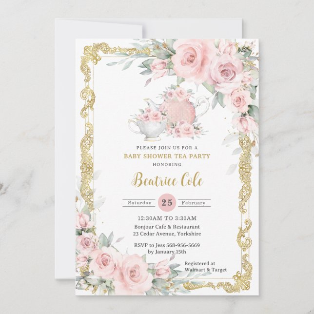 Invitación Vintage Rubor Pink Floral Tea Fiesta Baby Shower (Anverso)