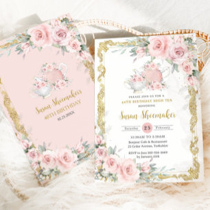 Invitación Vintage Rubor Pink Floral Tea Fiesta Cumpleaños
