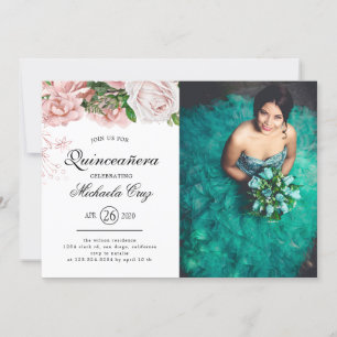 Invitación Vintage Rubor Rosas sobre Quinceanera blanca